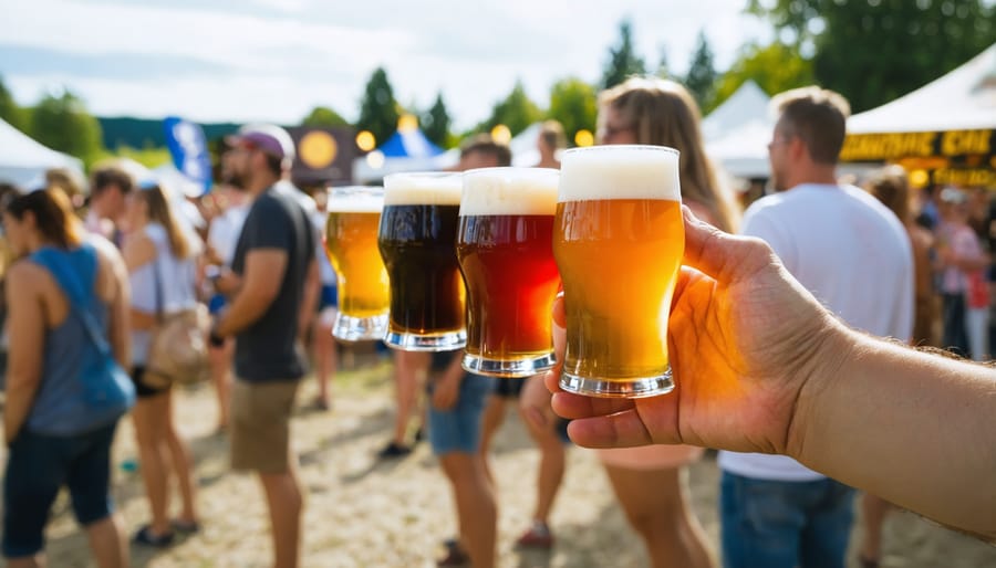 People at a craft beer festival tasting various beers and engaging in discussions