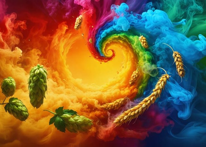 A conceptual representation of craft beer and vaping cultures merging with colorful swirls and elements like hops, barley, and vape smoke.