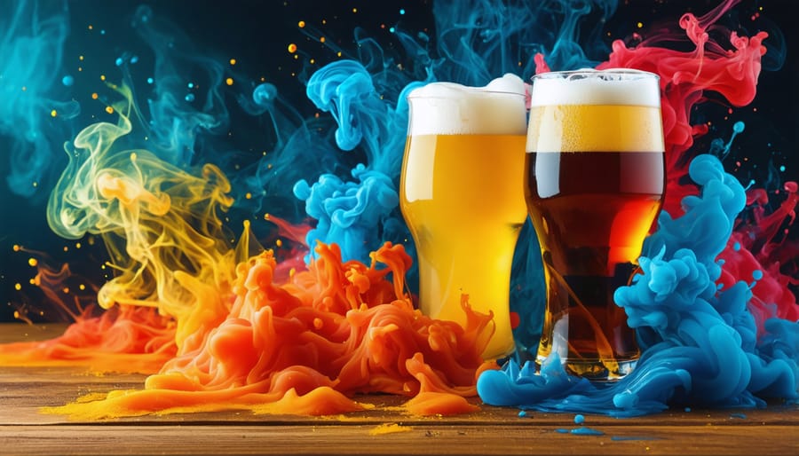 An abstract representation of craft beer and vaping flavors merging, with colorful swirls