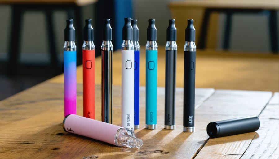 Various vape pens and bottles of e-liquids showcasing a range of colors and flavors