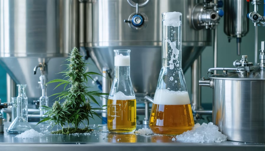 Modern brewing laboratory with CBD extraction equipment and beer fermentation tanks