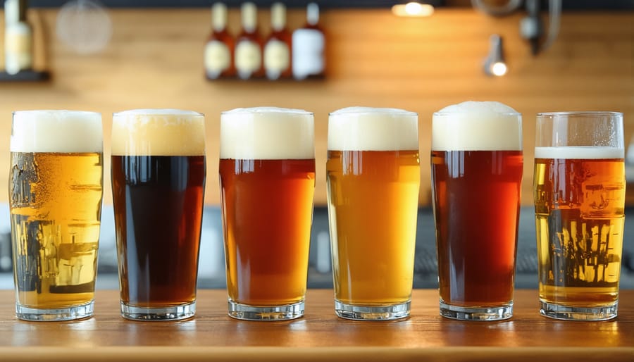 Selection of different styles of cannabis-infused craft beers displayed in specialty glassware