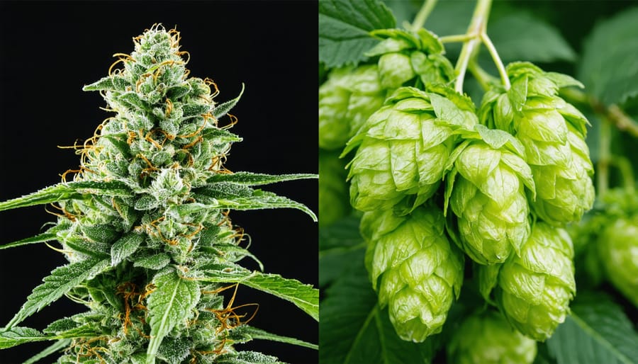 Detailed comparison of fresh cannabis and hop flowers highlighting their botanical similarities