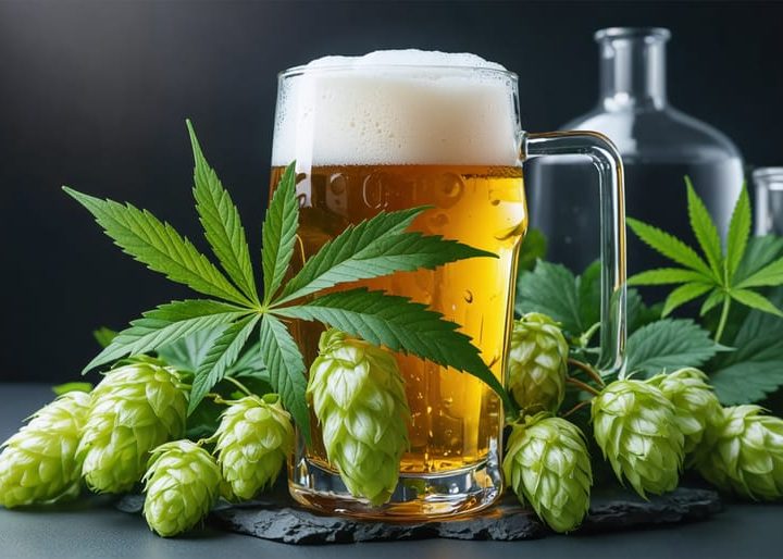 A craft beer glass surrounded by intertwined cannabis leaves and hop flowers, set against a brewing lab backdrop, representing the union of traditional brewing and cannabis infusion.