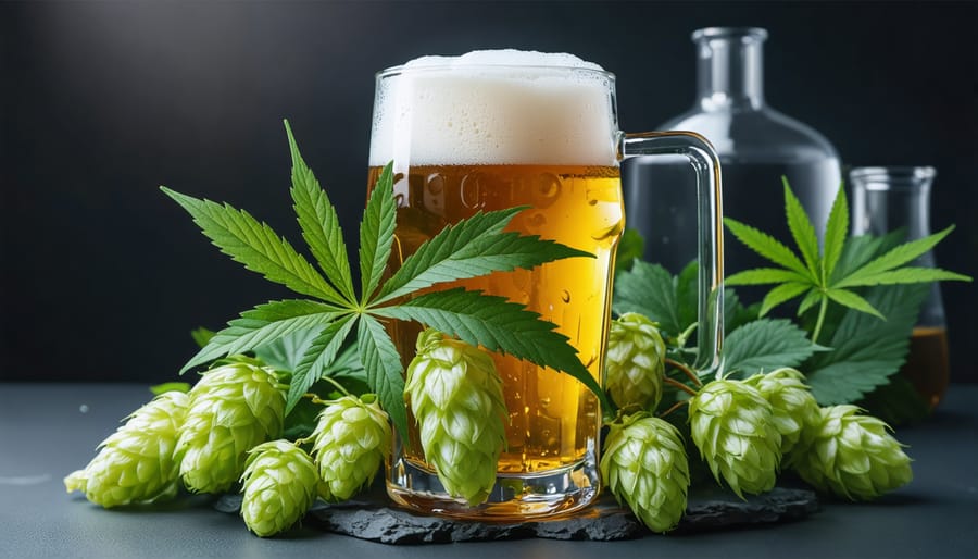 A craft beer glass surrounded by intertwined cannabis leaves and hop flowers, set against a brewing lab backdrop, representing the union of traditional brewing and cannabis infusion.