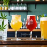 A selection of colorful CBD-infused craft beverages creatively arranged on a wooden bar counter, featuring drinks such as sparkling water, kombucha, and non-alcoholic beer, with brewing equipment and hemp plants in the background.