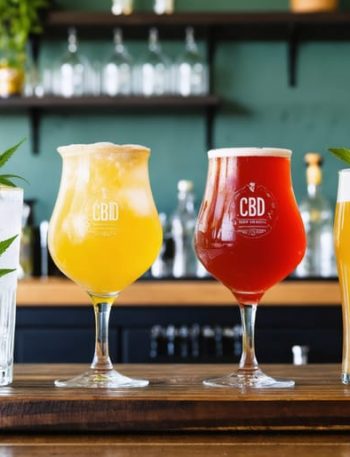A selection of colorful CBD-infused craft beverages creatively arranged on a wooden bar counter, featuring drinks such as sparkling water, kombucha, and non-alcoholic beer, with brewing equipment and hemp plants in the background.