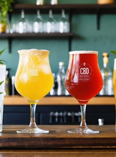 A selection of colorful CBD-infused craft beverages creatively arranged on a wooden bar counter, featuring drinks such as sparkling water, kombucha, and non-alcoholic beer, with brewing equipment and hemp plants in the background.