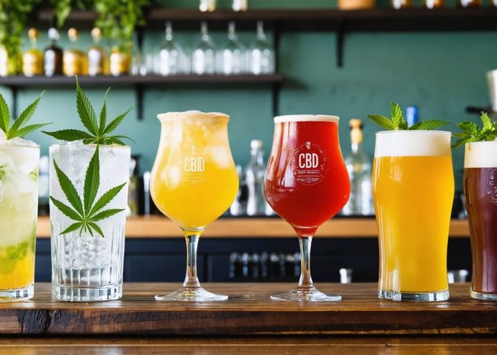 A selection of colorful CBD-infused craft beverages creatively arranged on a wooden bar counter, featuring drinks such as sparkling water, kombucha, and non-alcoholic beer, with brewing equipment and hemp plants in the background.