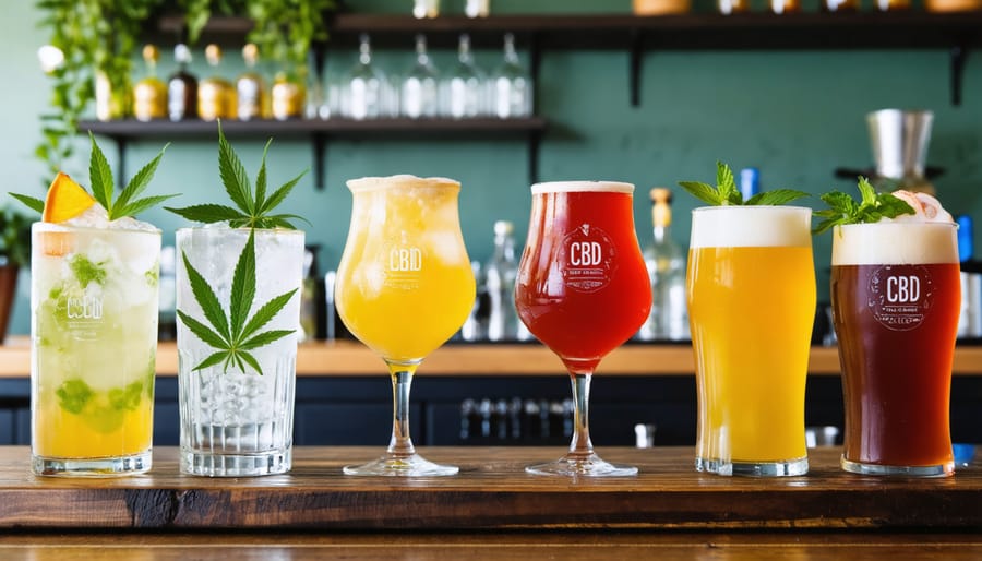 A selection of colorful CBD-infused craft beverages creatively arranged on a wooden bar counter, featuring drinks such as sparkling water, kombucha, and non-alcoholic beer, with brewing equipment and hemp plants in the background.