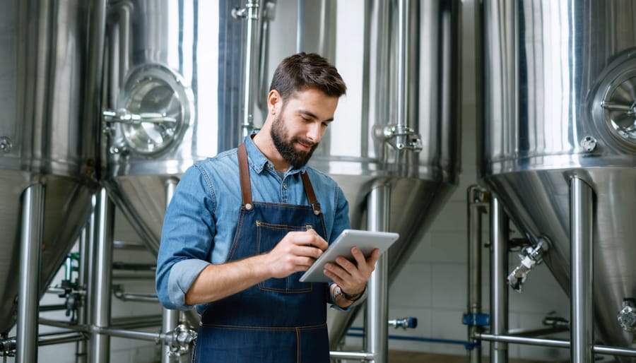 Craft brewer in a denim apron holding a tablet with a blank glowing screen inside a modern stainless-steel brewhouse, eye-level three-quarter view with soft natural light and blurred tanks, hoses, and kegs in the background.