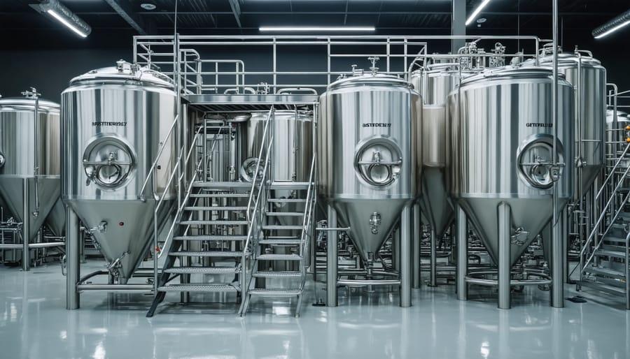 Stainless steel fermentation tanks and brewing equipment in craft brewery facility