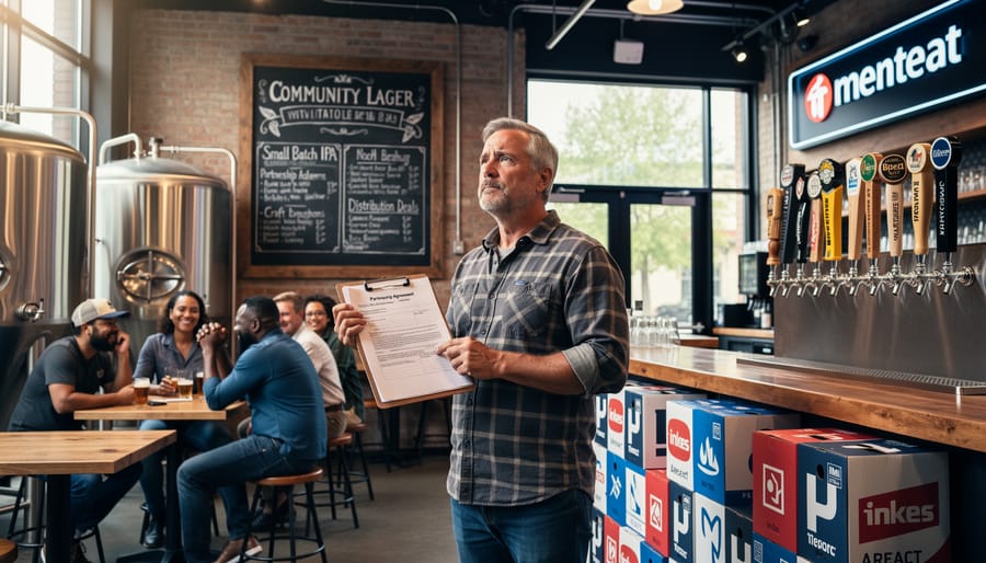 Brewery owner pouring craft beer from tap with thoughtful expression
