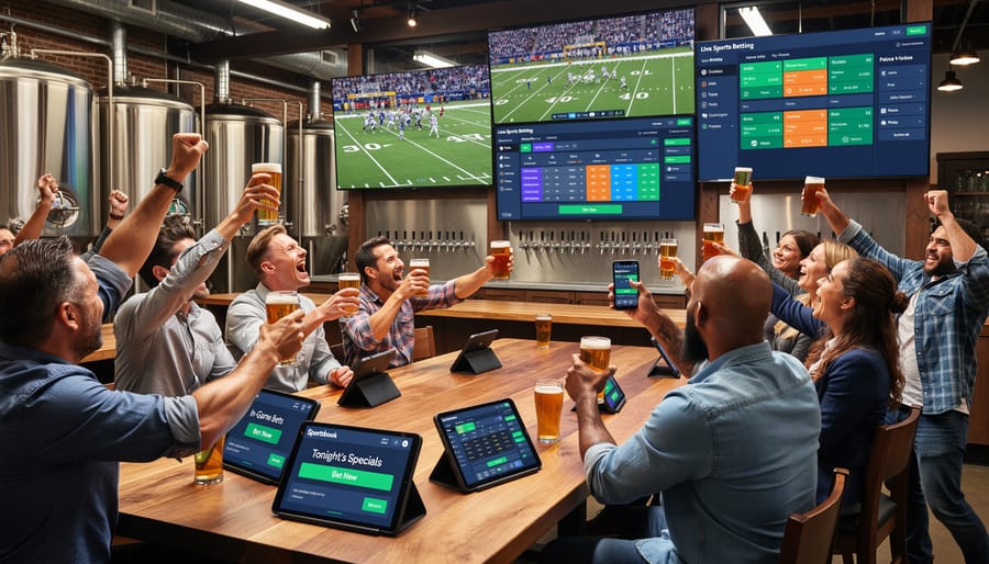Group of people watching sports and drinking craft beer in brewery taproom