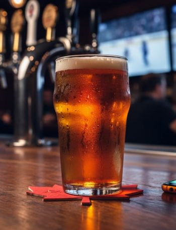 Close-up of a pint of amber craft beer on a red maple-leaf coaster beside a smartphone on a bar, with blurred hockey game on TV screens and tap handles in the background; no visible text or logos.