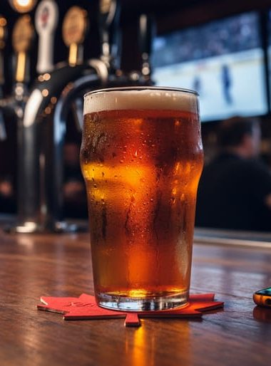 Close-up of a pint of amber craft beer on a red maple-leaf coaster beside a smartphone on a bar, with blurred hockey game on TV screens and tap handles in the background; no visible text or logos.