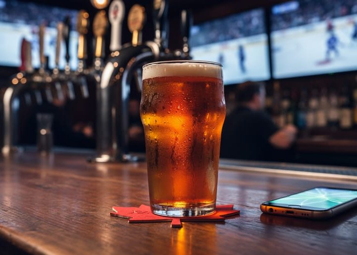 Close-up of a pint of amber craft beer on a red maple-leaf coaster beside a smartphone on a bar, with blurred hockey game on TV screens and tap handles in the background; no visible text or logos.