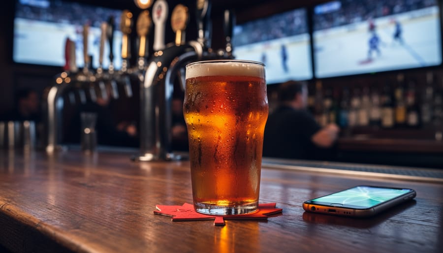 Close-up of a pint of amber craft beer on a red maple-leaf coaster beside a smartphone on a bar, with blurred hockey game on TV screens and tap handles in the background; no visible text or logos.