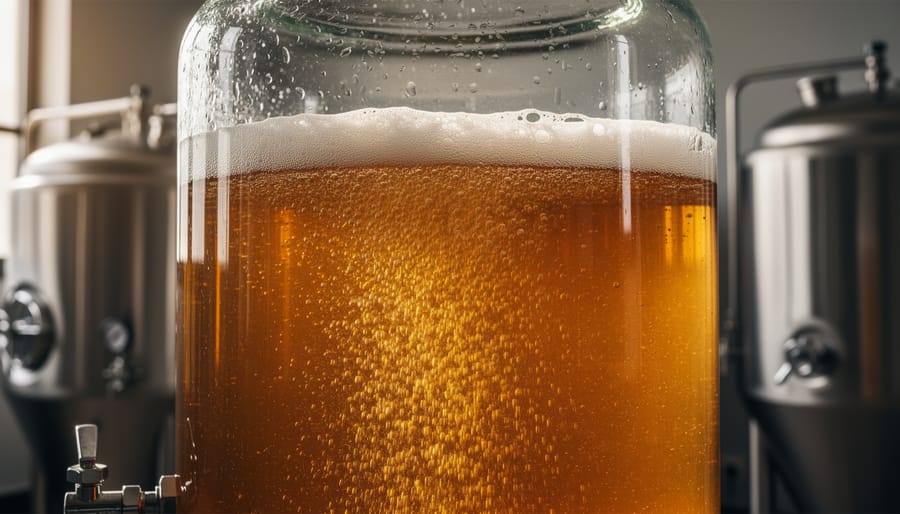 Close-up of active beer fermentation showing bubbles rising through amber liquid in glass carboy
