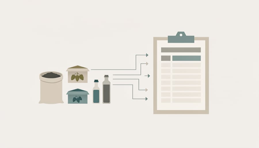Batch record binder and ingredient containers near a tablet, representing batch-linked inventory and traceability.