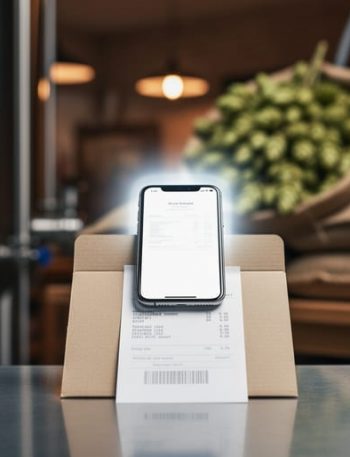 Close-up of a smartphone scanning a supplier beer receipt on a brewery workbench near stainless-steel tanks and ingredient supplies.