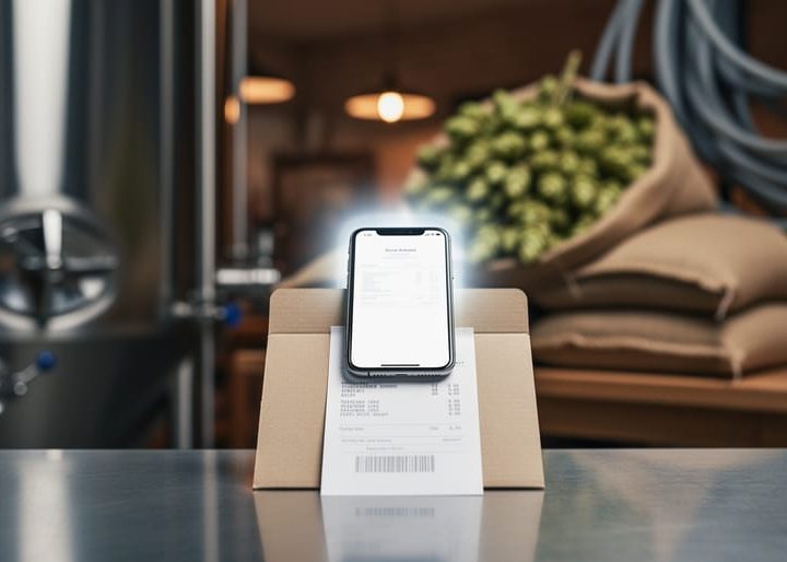 Close-up of a smartphone scanning a supplier beer receipt on a brewery workbench near stainless-steel tanks and ingredient supplies.