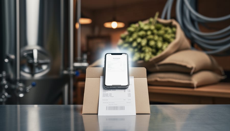 Close-up of a smartphone scanning a supplier beer receipt on a brewery workbench near stainless-steel tanks and ingredient supplies.