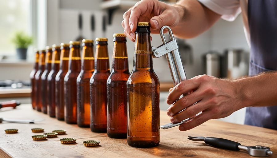 Homebrewer capping bottles of finished beer with bottle capper on clean counter