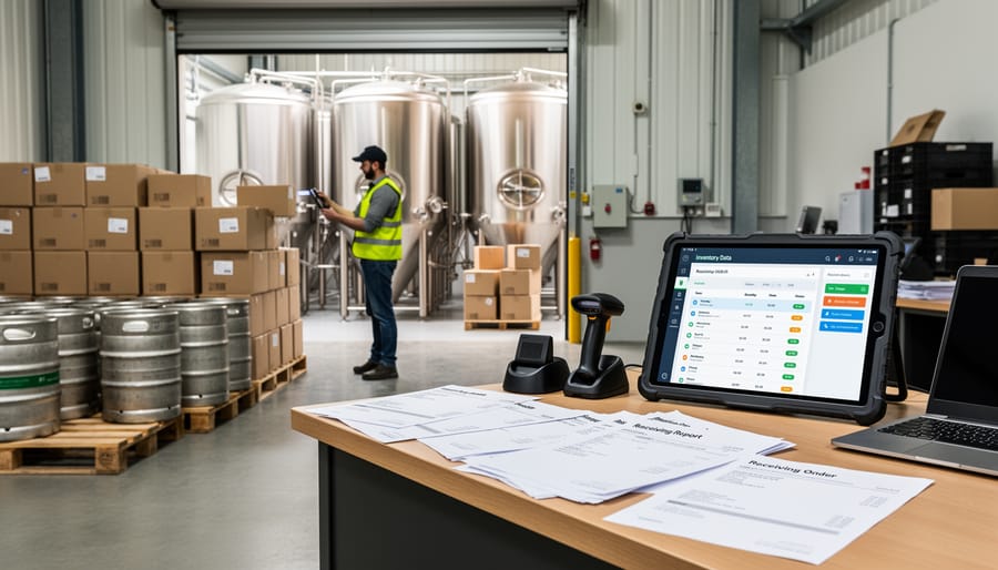 Receipts, a smartphone, and a barcode scanner on a craft brewery receiving dock table.