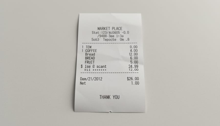 Close-up of a receipt on a stainless counter being photographed for scanning accuracy.