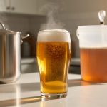 Pint of golden homebrewed beer with foamy head on a tidy kitchen counter, with a stainless brew kettle and translucent fermentation bucket with airlock softly out of focus in the background under warm window light.