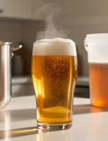 Pint of golden homebrewed beer with foamy head on a tidy kitchen counter, with a stainless brew kettle and translucent fermentation bucket with airlock softly out of focus in the background under warm window light.