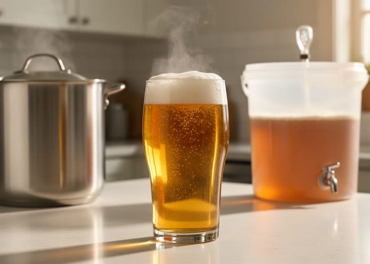 Pint of golden homebrewed beer with foamy head on a tidy kitchen counter, with a stainless brew kettle and translucent fermentation bucket with airlock softly out of focus in the background under warm window light.