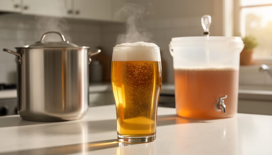 Pint of golden homebrewed beer with foamy head on a tidy kitchen counter, with a stainless brew kettle and translucent fermentation bucket with airlock softly out of focus in the background under warm window light.