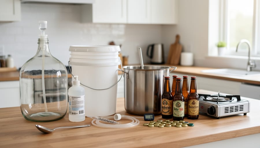 Complete homebrewing starter equipment including fermenter, kettle, bottles, and accessories arranged on wooden table