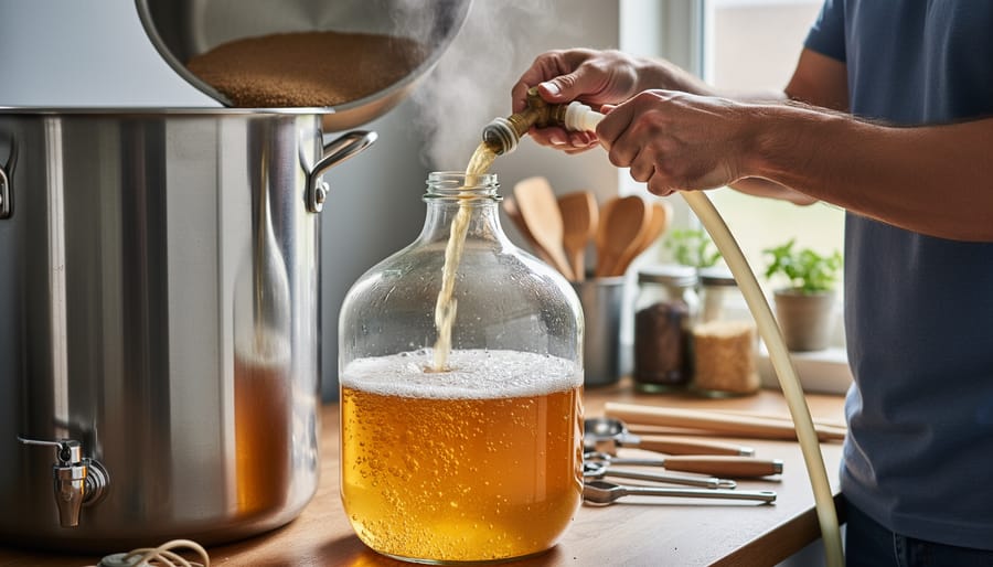 Homebrewer pouring golden wort from kettle into glass fermenting vessel