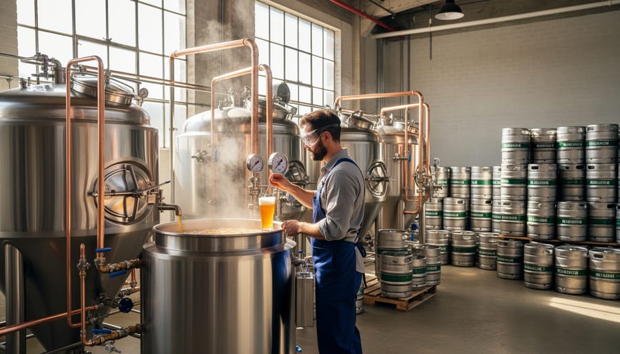 A brewer’s gloved hands adjusting a valve near a copper kettle with steam in a brewery