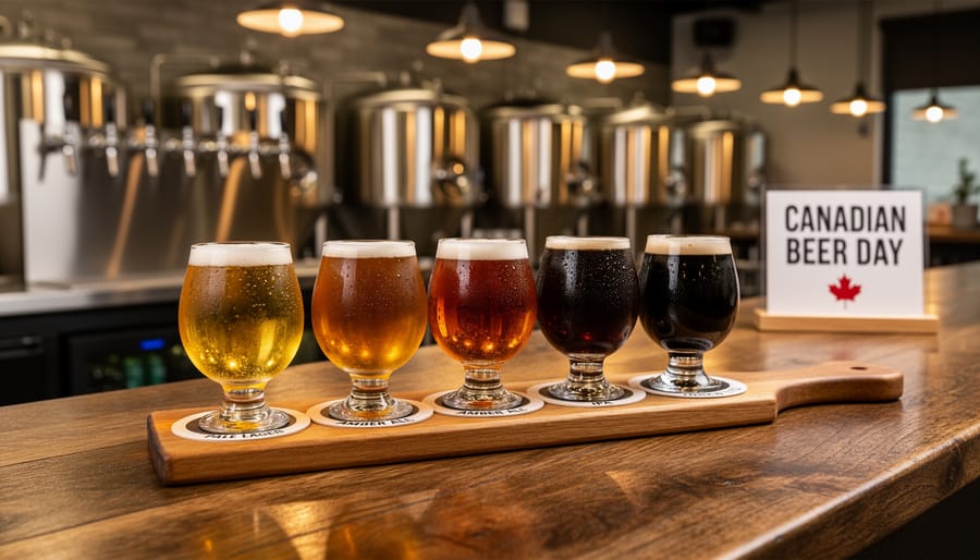 A tasting flight of three Canadian craft beers in glasses on a wooden bar inside a brewery taproom