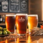 Frothy craft beer glasses on a wooden bar with hops and barley in an autumn-themed Canadian brewery taproom.