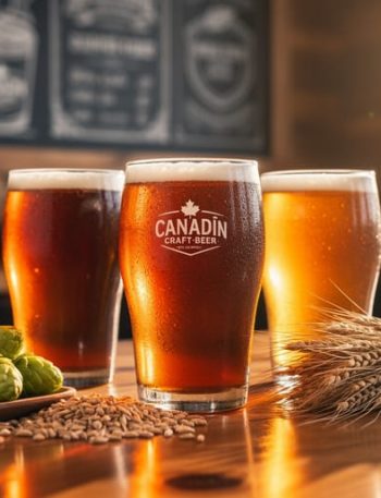 Frothy craft beer glasses on a wooden bar with hops and barley in an autumn-themed Canadian brewery taproom.