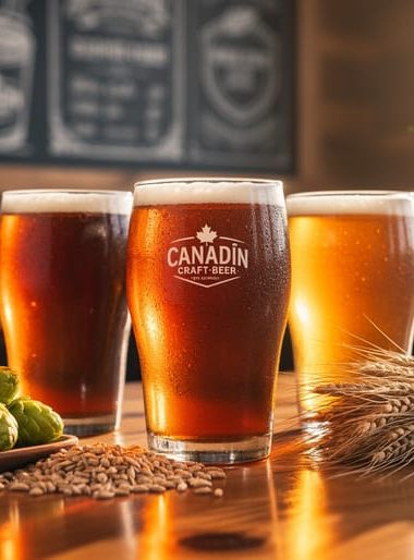 Frothy craft beer glasses on a wooden bar with hops and barley in an autumn-themed Canadian brewery taproom.