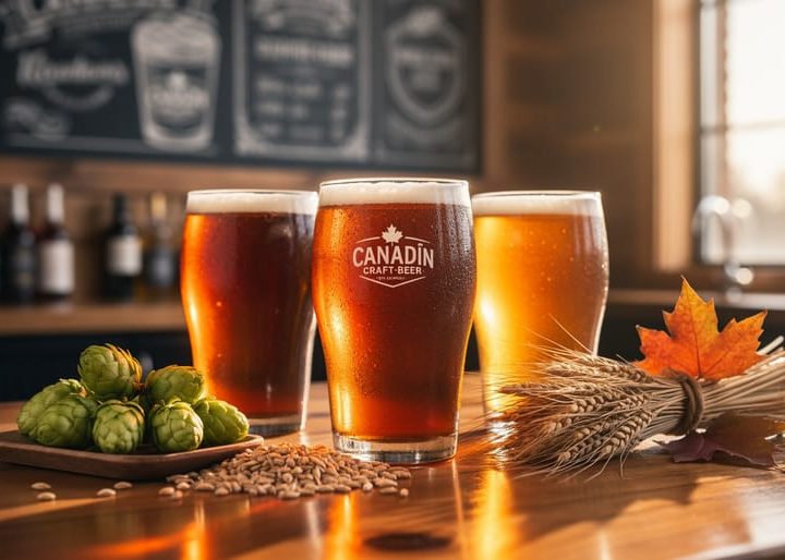 Frothy craft beer glasses on a wooden bar with hops and barley in an autumn-themed Canadian brewery taproom.