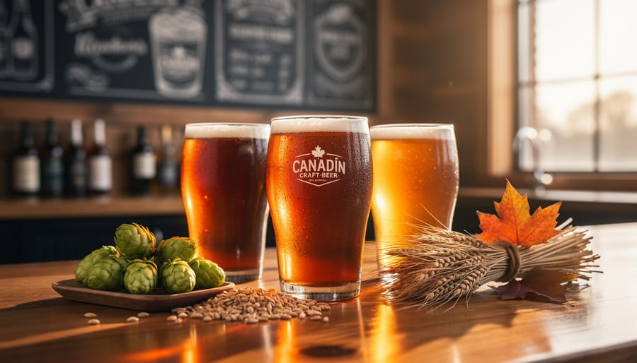 Frothy craft beer glasses on a wooden bar with hops and barley in an autumn-themed Canadian brewery taproom.