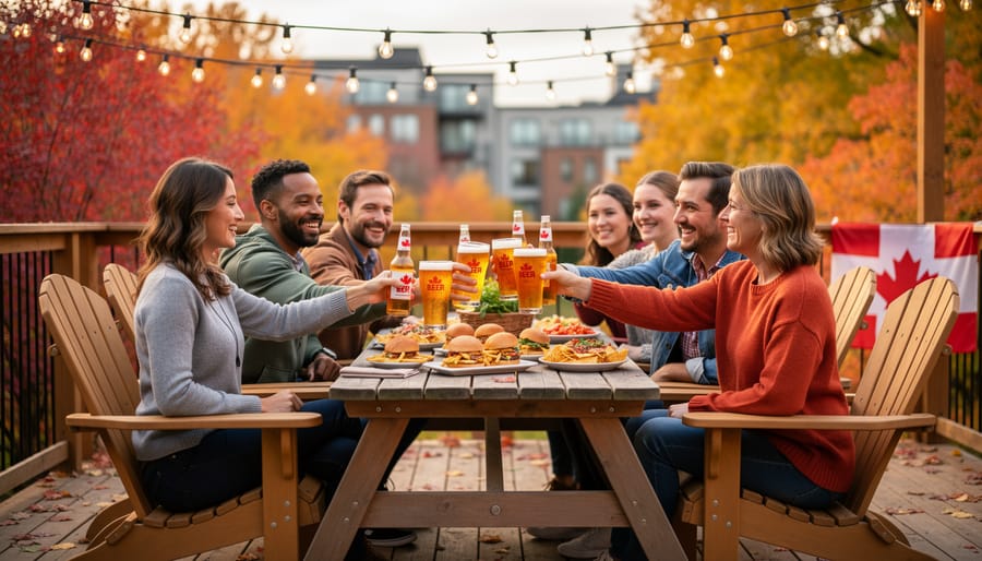 Friends clinking pint glasses on an autumn brewery patio with warm evening lighting