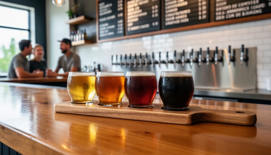 Frosted craft beer glasses on a wooden flight tray in a Quebec brewery taproom.