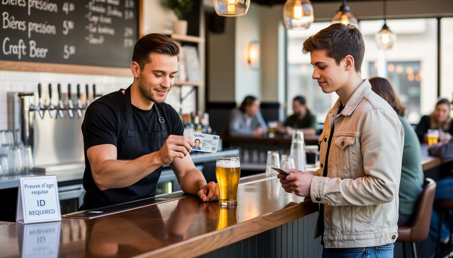 Person presenting an ID to brewery staff for age verification at an entrance counter.