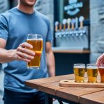 A person holding a pint of craft beer at a Montreal taproom with a beer flight on a wooden table and brewery taps blurred in the background.