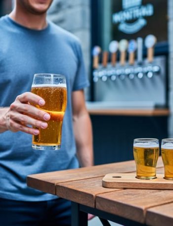 A person holding a pint of craft beer at a Montreal taproom with a beer flight on a wooden table and brewery taps blurred in the background.