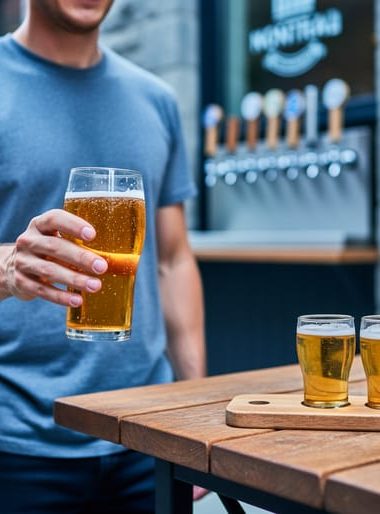 A person holding a pint of craft beer at a Montreal taproom with a beer flight on a wooden table and brewery taps blurred in the background.