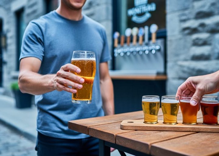 A person holding a pint of craft beer at a Montreal taproom with a beer flight on a wooden table and brewery taps blurred in the background.